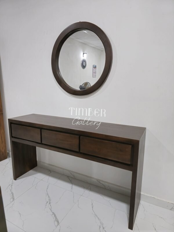 Teak console set with round mirror