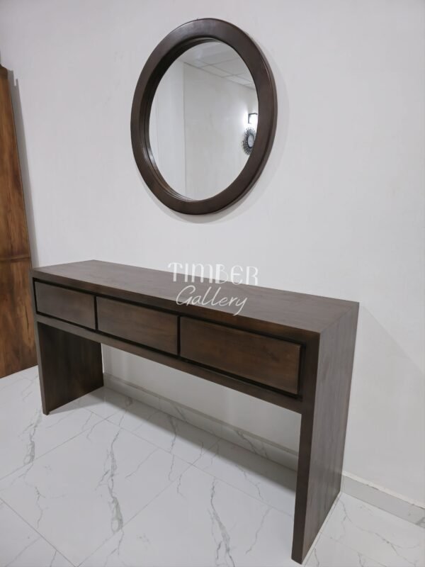 Teak console set with round mirror
