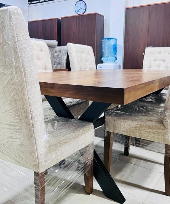 Teak crossed legs dining set with cushion chairs